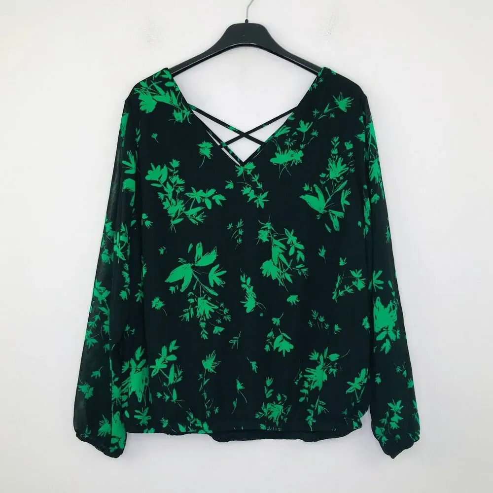 Torrid Women's 0 (Large) Blouse Black Green Floral Print Chiffon Crossback CM28